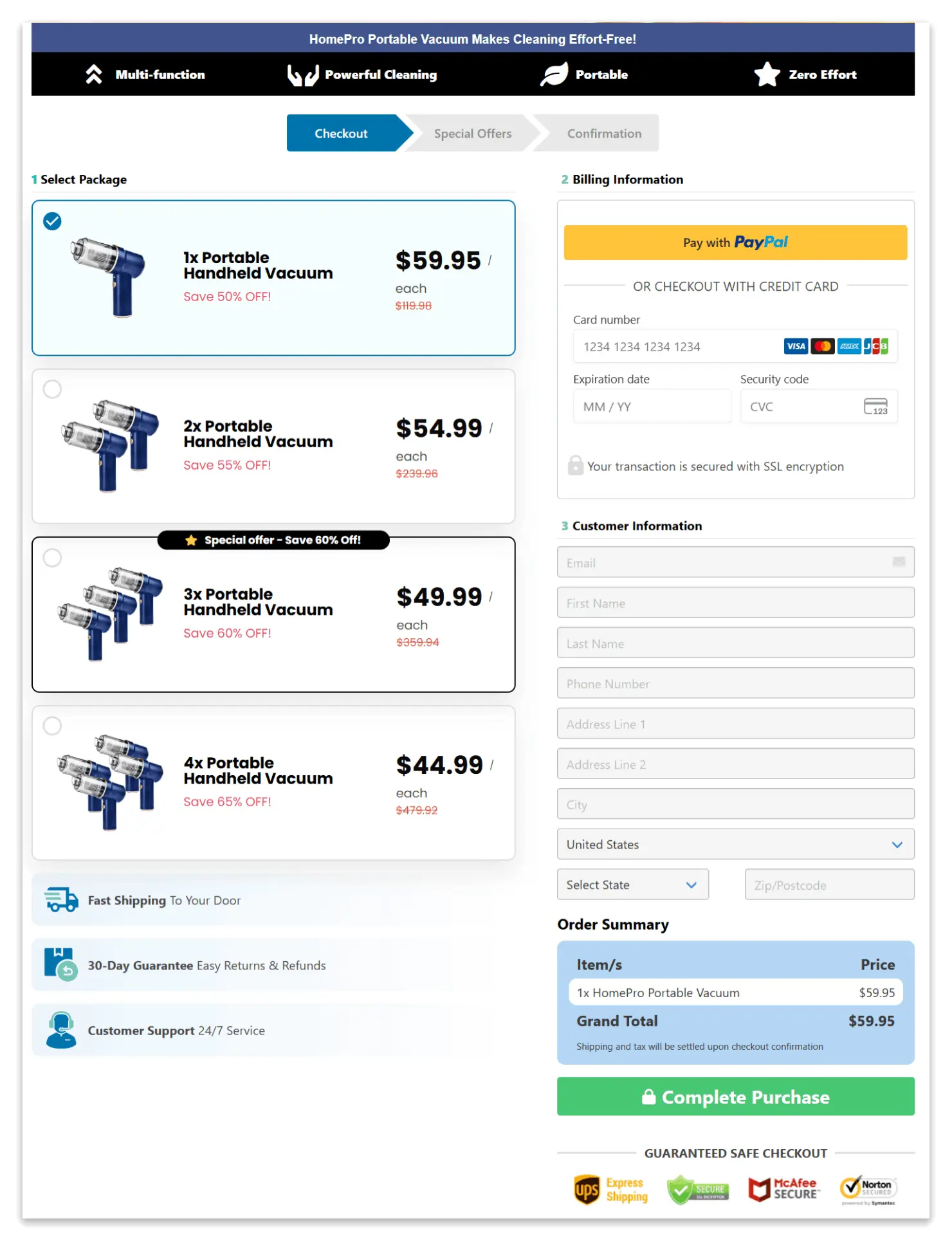 Home Pro Vacuum secure checkout page